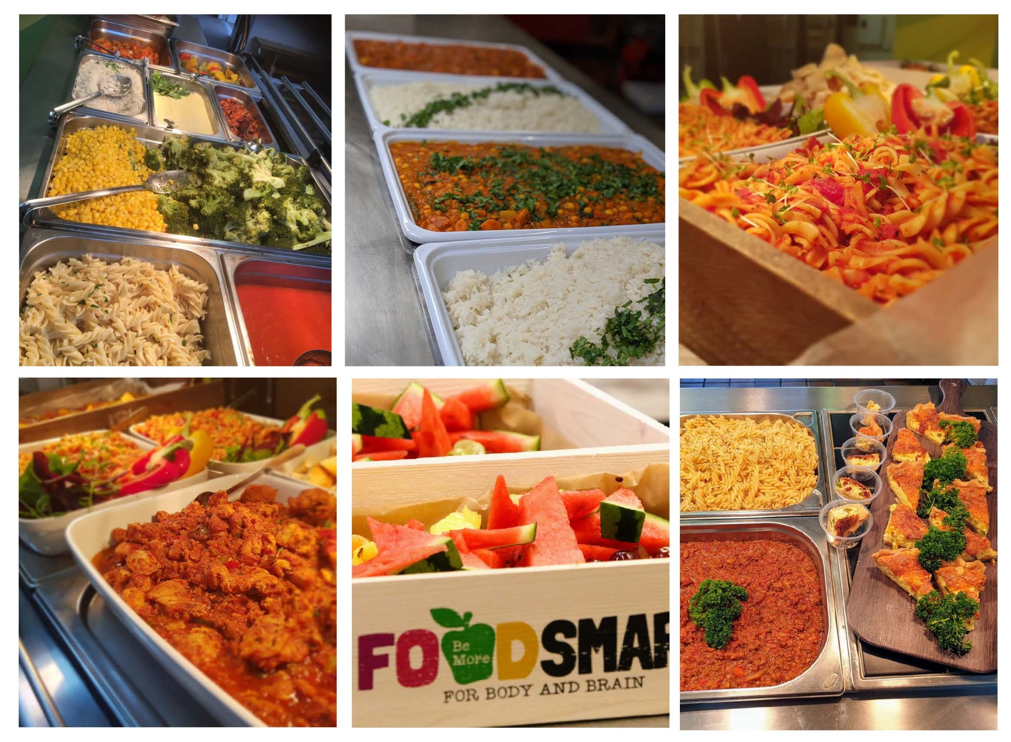 Nine images of a school catering buffet delivered by AIP, with different food options. One image has text that says "FOODSMART Be More FOR BODY AND BRAIN."